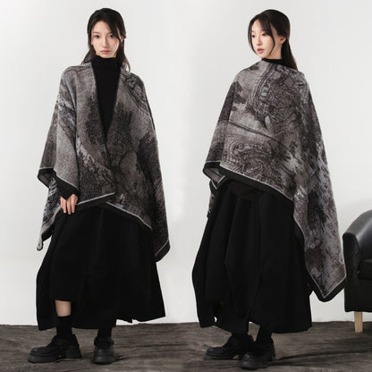 Simple Cashmere Dark Style Split Cloak Warm