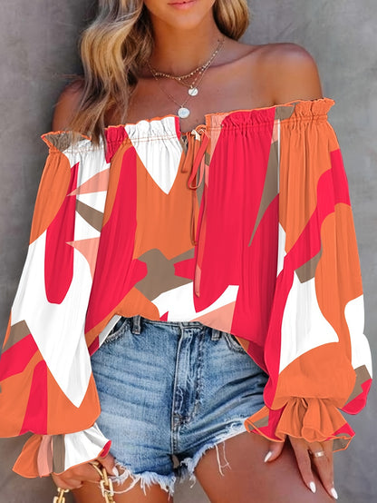 Chemise imprimée à épaules dénudées et col en V à manches lanternes