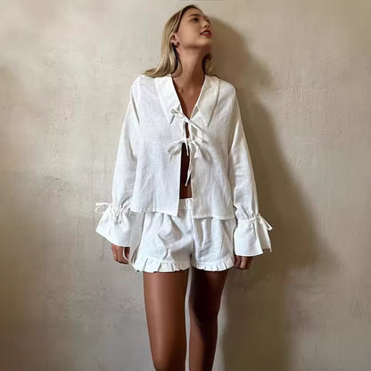 Chemise à manches longues et short pour femme de couleur assortie