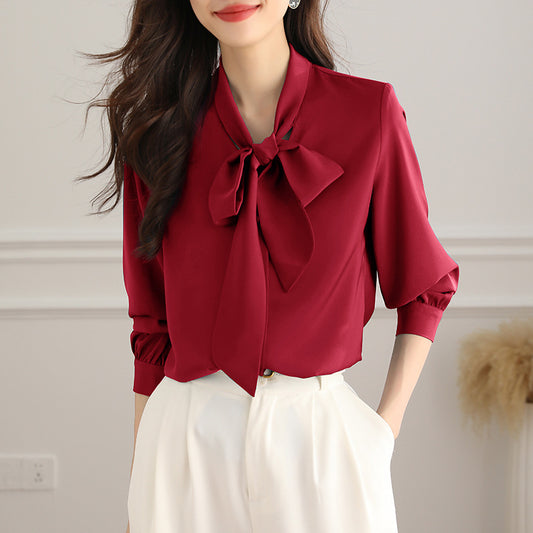 Chemise à manches longues en satin acétate avec nœud