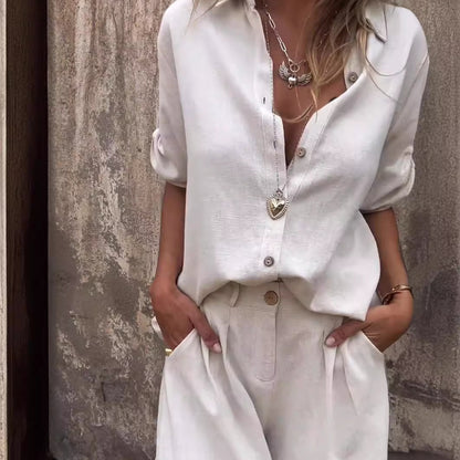 Ensemble short décontracté à manches courtes en coton et lin pour femme