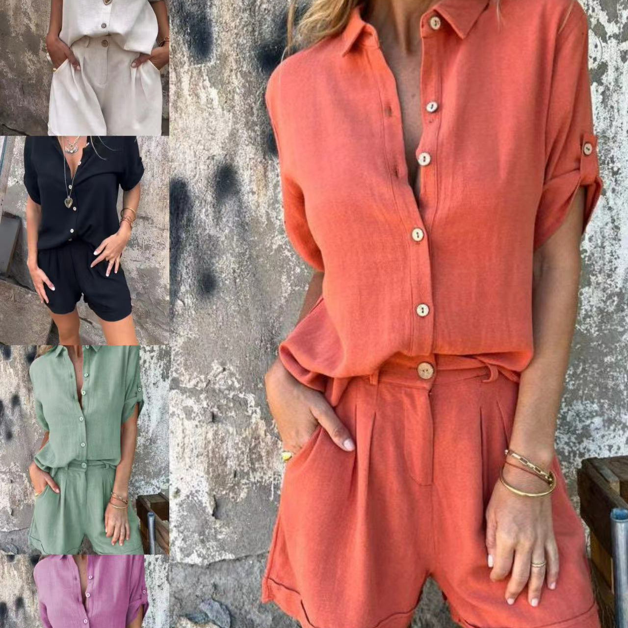 Ensemble short décontracté à manches courtes en coton et lin pour femme