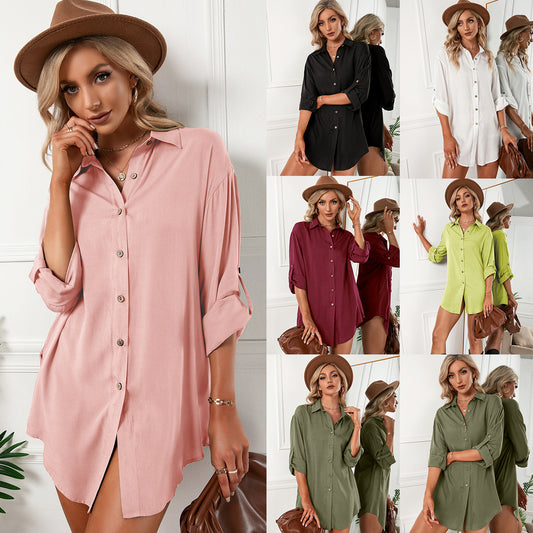Robe chemise ample à simple boutonnage style européen pour femme