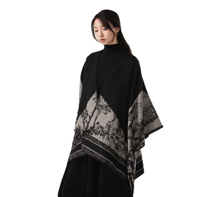 Simple Cashmere Dark Style Split Cloak Warm