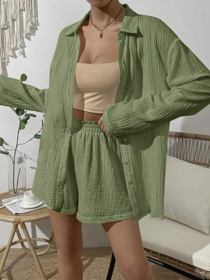 Ensemble deux pièces décontracté, chemise de couleur unie et short