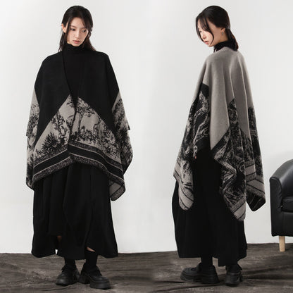 Simple Cashmere Dark Style Split Cloak Warm