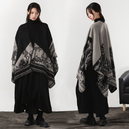 Simple Cashmere Dark Style Split Cloak Warm