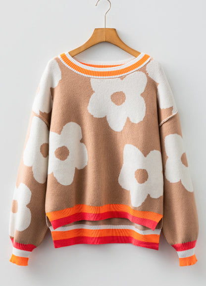 Smoke Gray Big Flower Pattern Contrast Striped Baggy Sweater