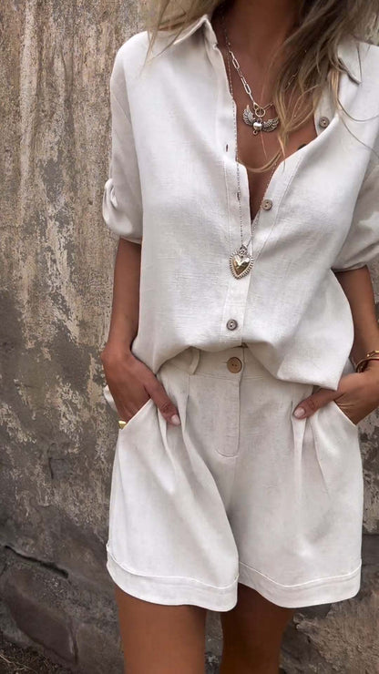 Ensemble short décontracté à manches courtes en coton et lin pour femme