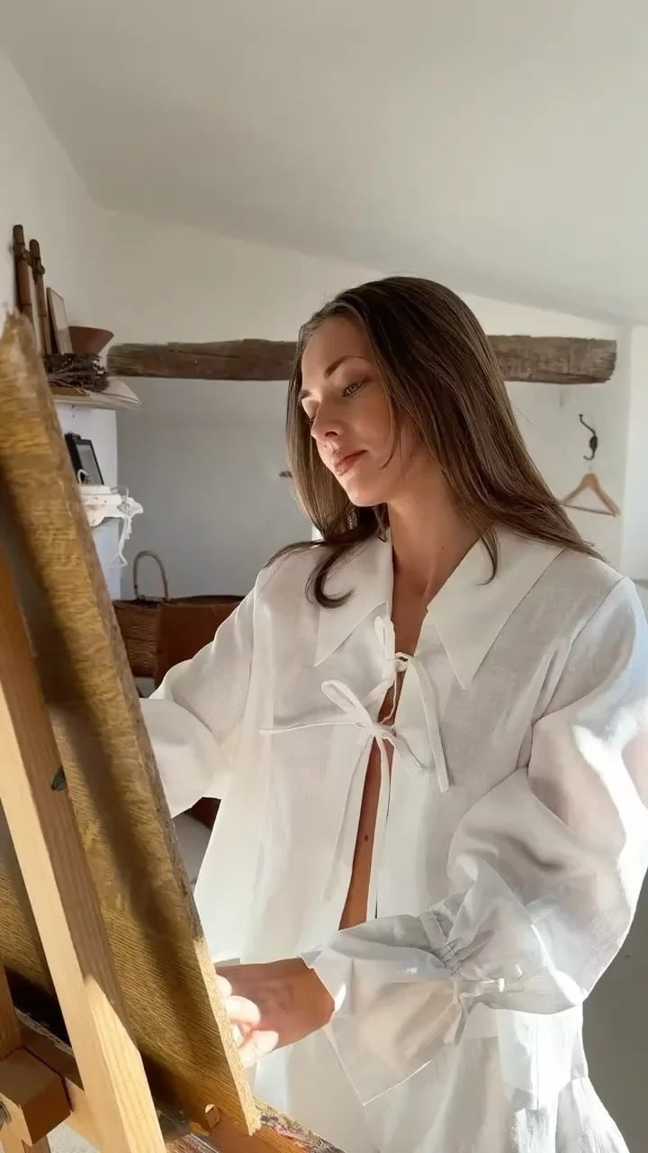 Chemise à manches longues et short pour femme de couleur assortie