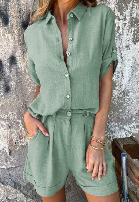 Ensemble short décontracté à manches courtes en coton et lin pour femme