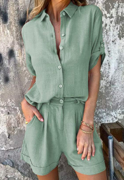 Ensemble short décontracté à manches courtes en coton et lin pour femme