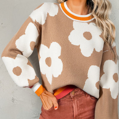 Smoke Gray Big Flower Pattern Contrast Striped Baggy Sweater