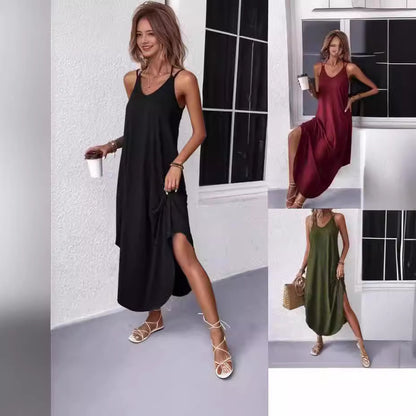 Robe d'été unie à col en V et dos nu