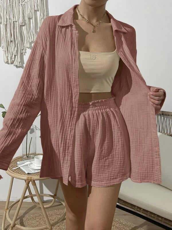 Ensemble deux pièces décontracté, chemise de couleur unie et short