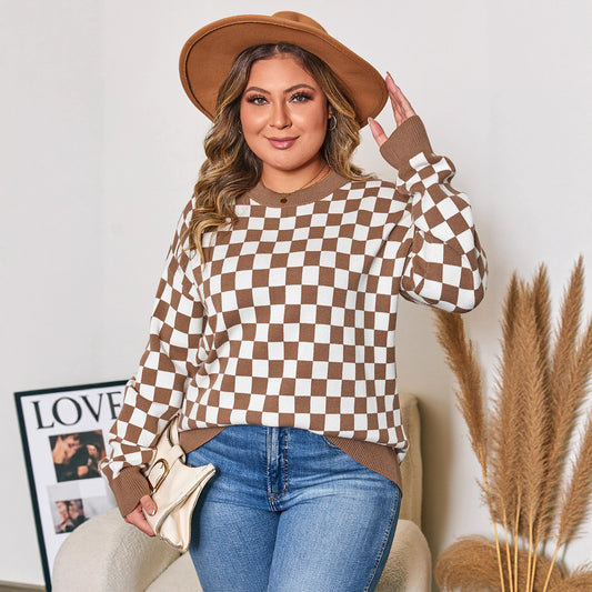 Women's Large Size Plaid Contrast Color Sweater