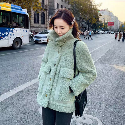 Korean Style Warm Thickened Design Autumn And Winter Faux Lamb Coat For Women