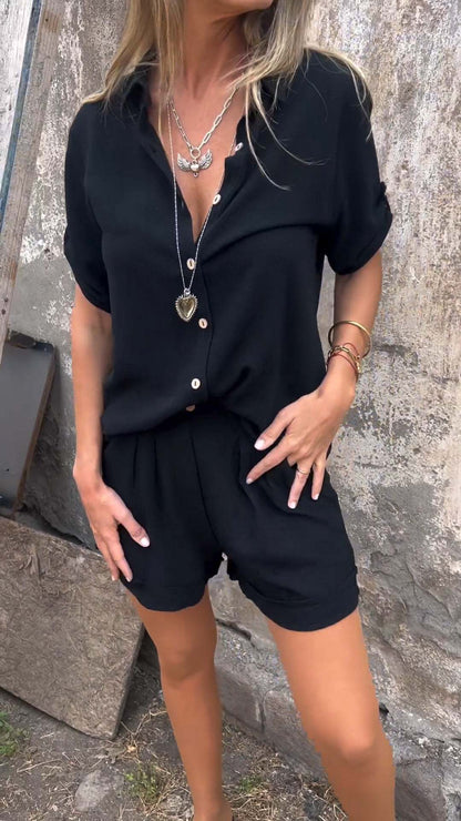Ensemble short décontracté à manches courtes en coton et lin pour femme